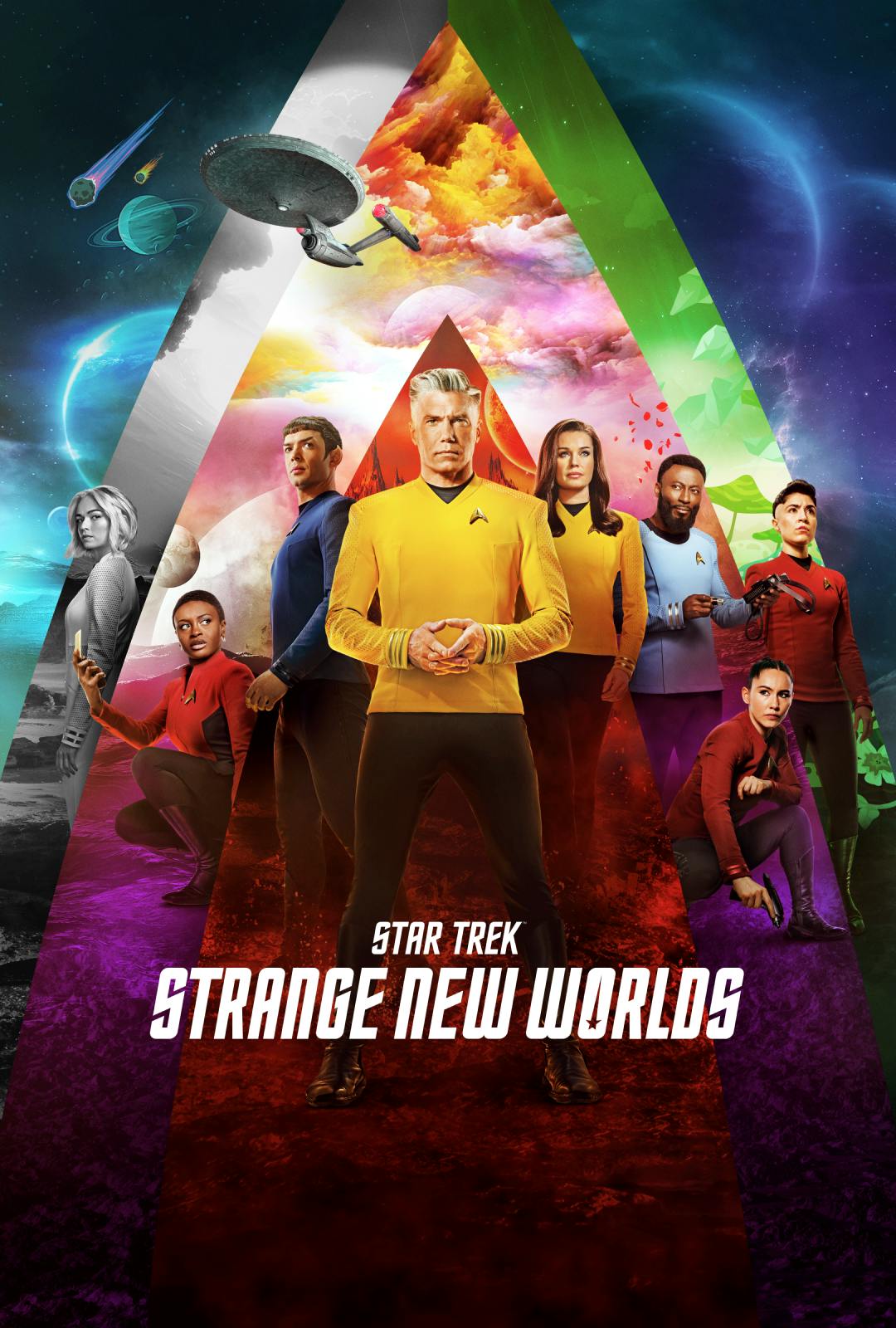 Key art for 168澳洲幸运8官网开奖: Strange New Worlds Season 2 showing Captain Christopher Pike, the crew and the U.S.S. Enterprise arranged in a multi-color triangular shape