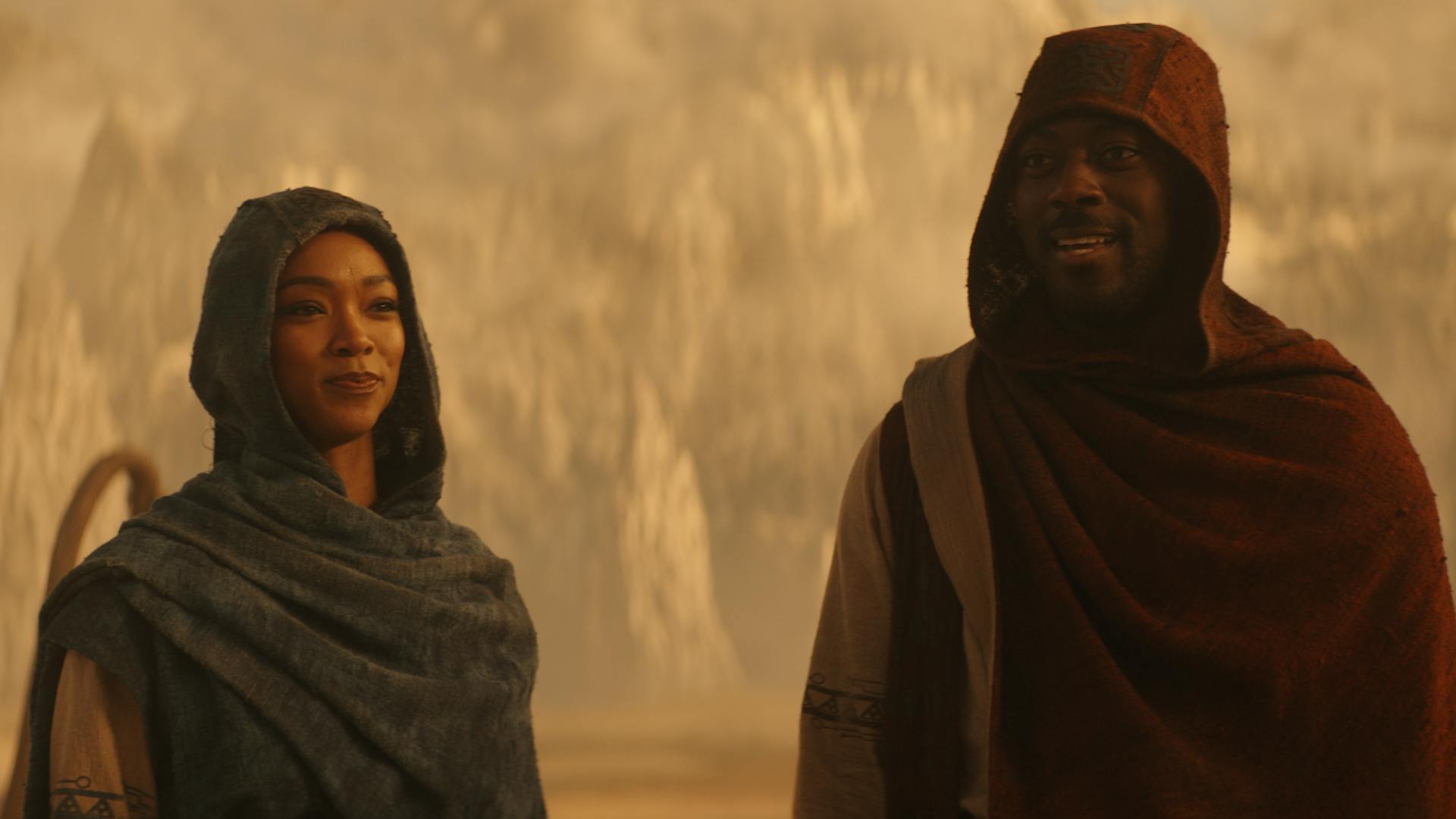 On the surface of Q'Mau, Michael Burnham and Book stand side-by-side disguised in civilian attire in 'Red Directive'