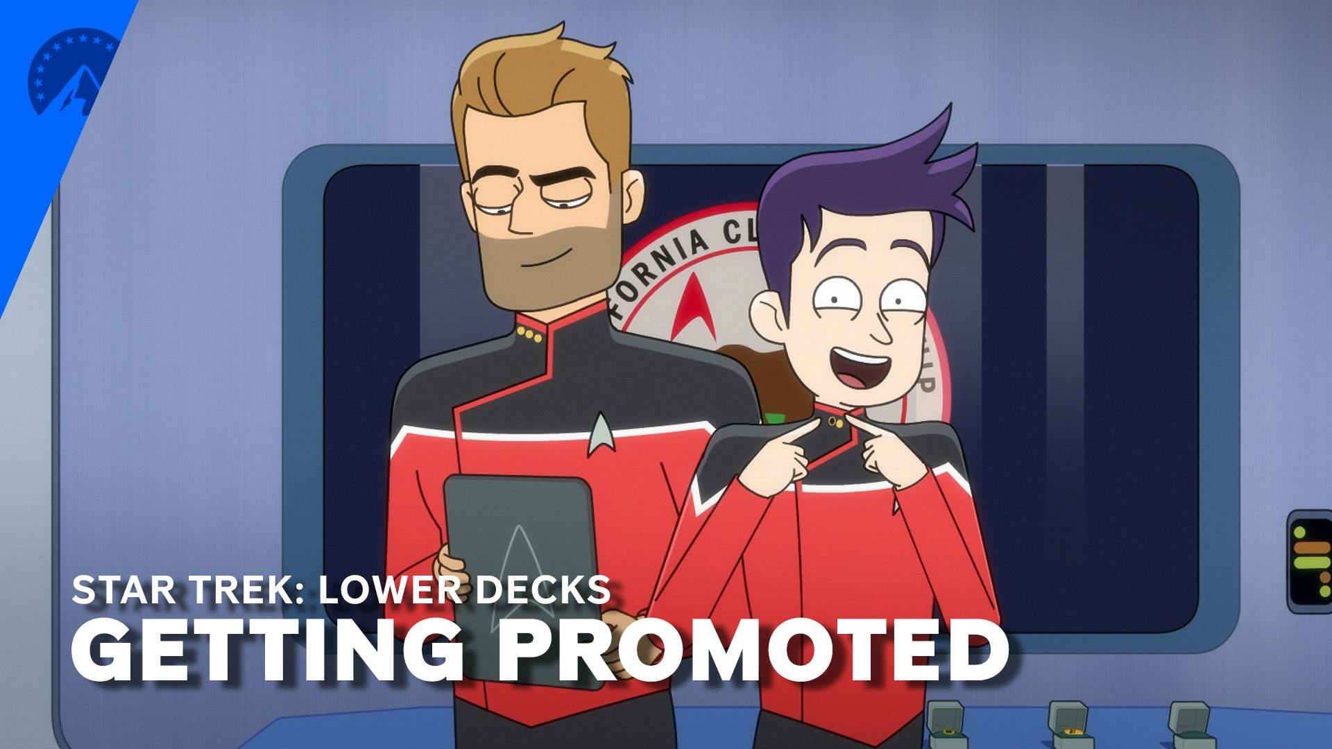 Boimler points to his brand-new pip with a super excited expression as Ransom stands next to him looking at his PADD with a proud smirk 