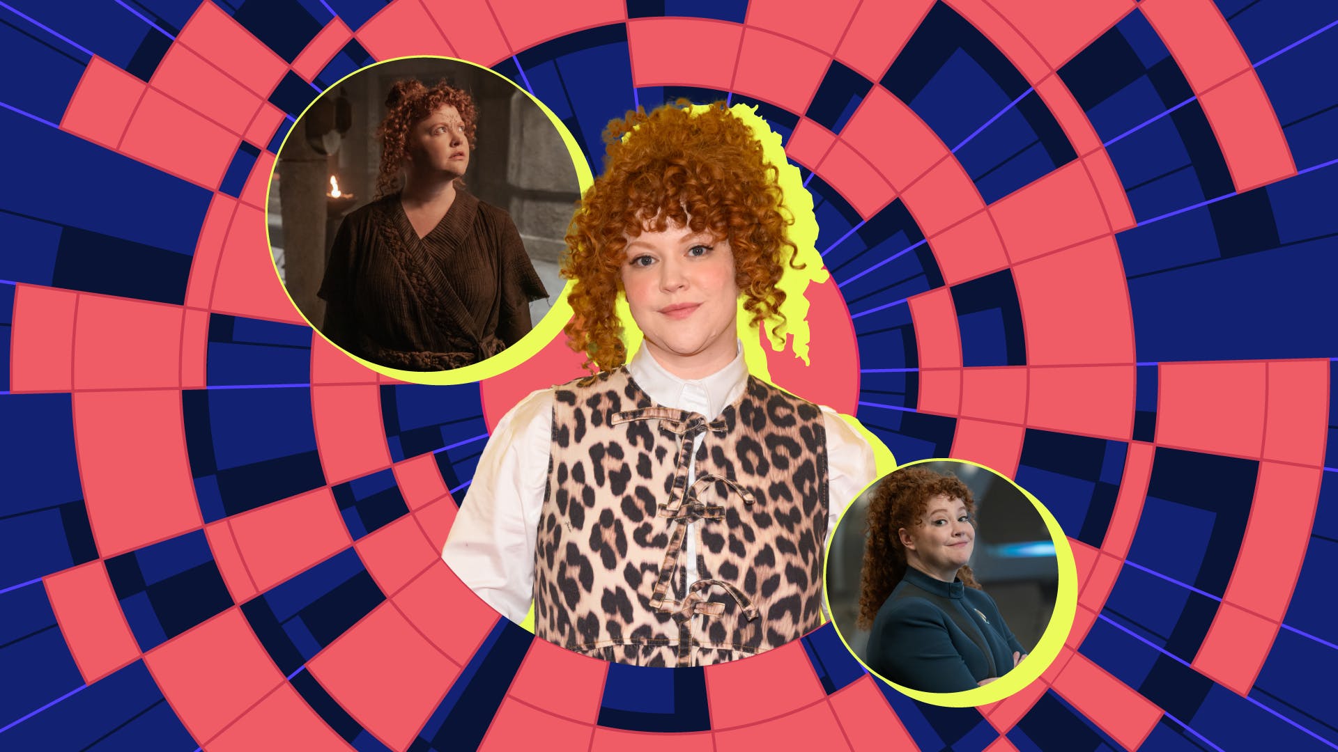 Graphic illustration of Mary Wiseman and episodic stills of Sylvia Tilly in Star Trek: Discovery