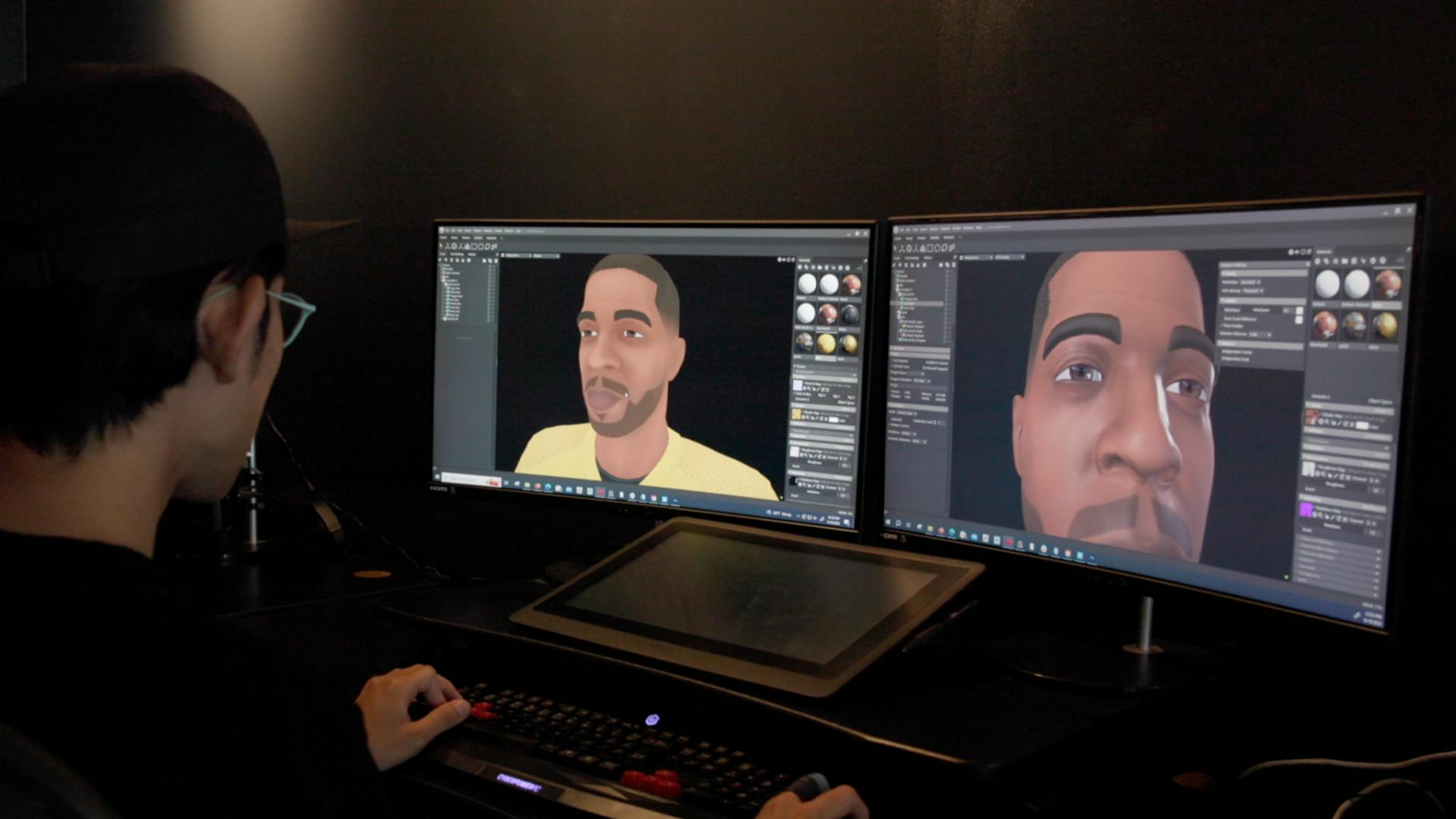 Behind-the-scenes editing a rendering of Scott Mescudi for the Star Trek x Kid Cudi Fortnite Mirror Mayhem gaming experience
