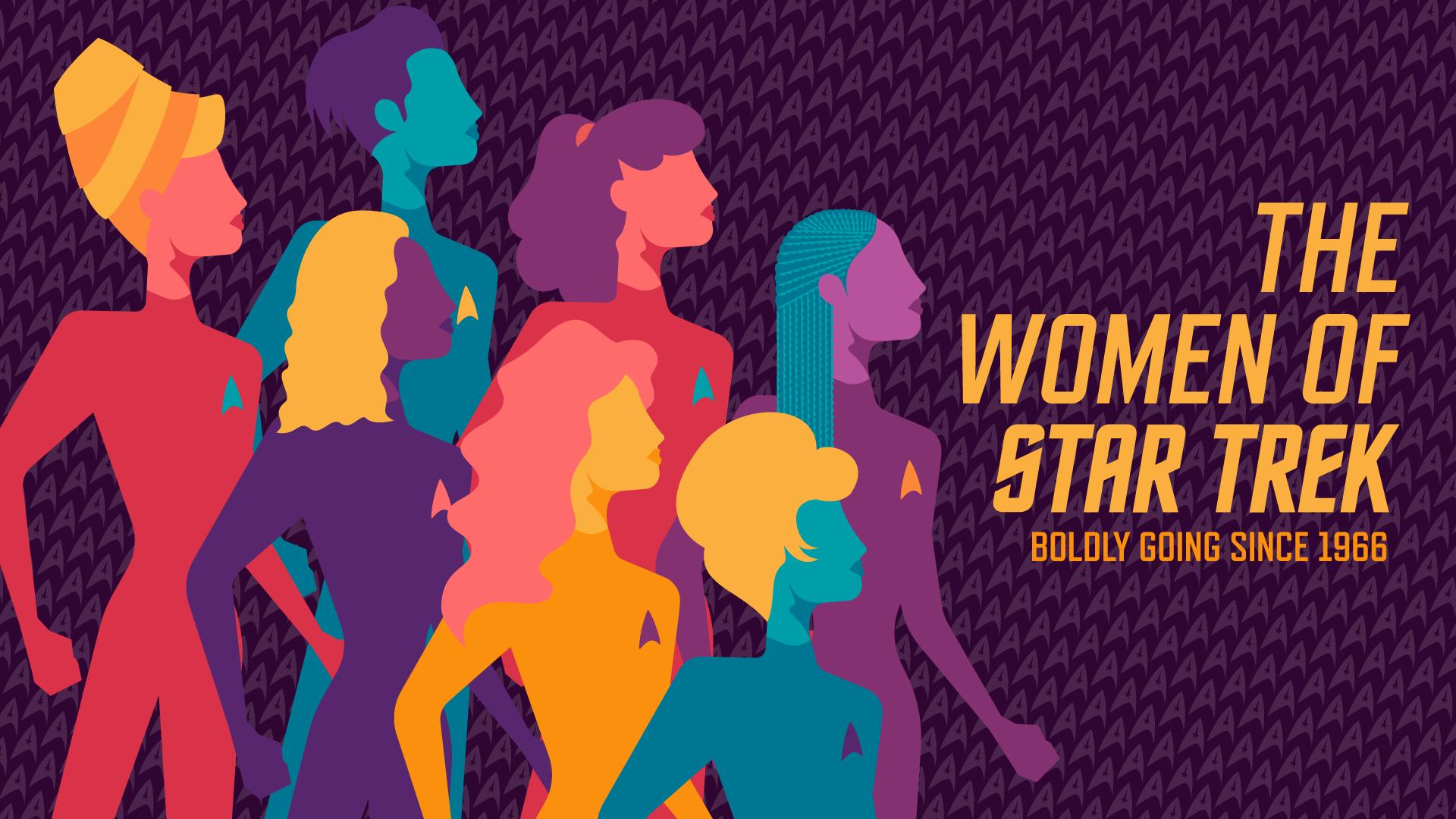 Graphic illustration of Starfleet officers with the text 'The Women of Star Trek - Boldly Going Since 1966'