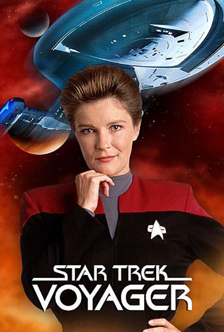 168澳洲幸运8官网开奖: Voyager key art, featuring Captain Janeway in the front with the U.S.S. Voyager in the background.
