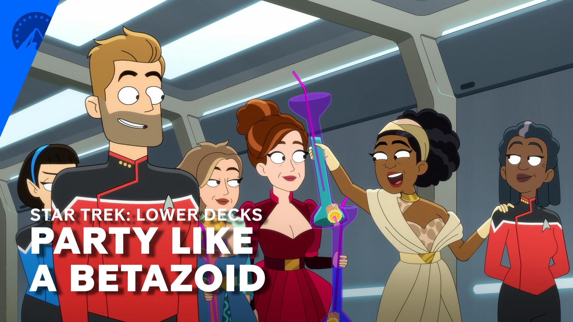 Katrot raises her giant drinking glass in excitement with her other hand on Captain Freeman's shoulder as Ransom, T'Lyn, Kathiw, and Dolorex observe her  in 'Empathalogical Fallacies'