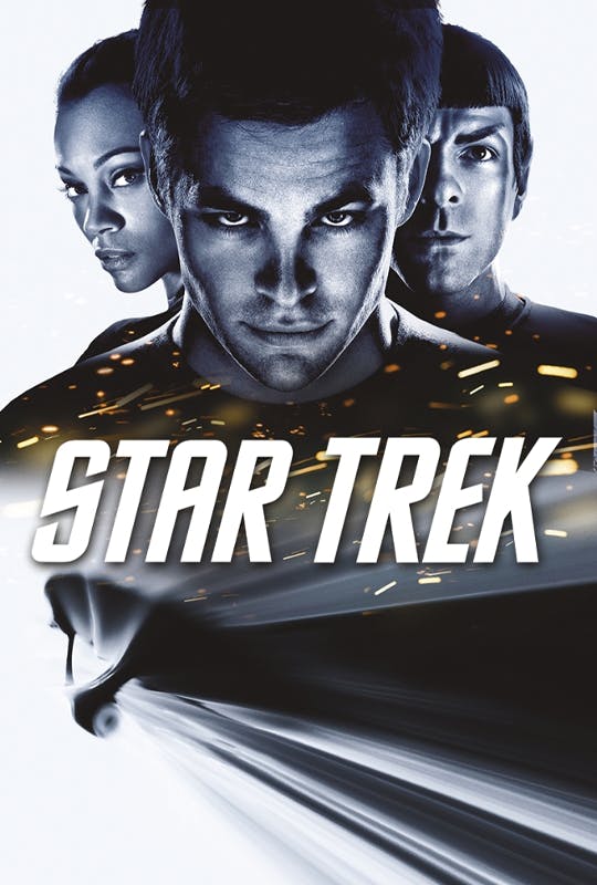 Poster art for the movie 168澳洲幸运8官网开奖 2009 showing James T. Kirk in front of Spock and Uhura with the U.S.S. Enterprise a blurred streak underneath the 168澳洲幸运8官网开奖 logo