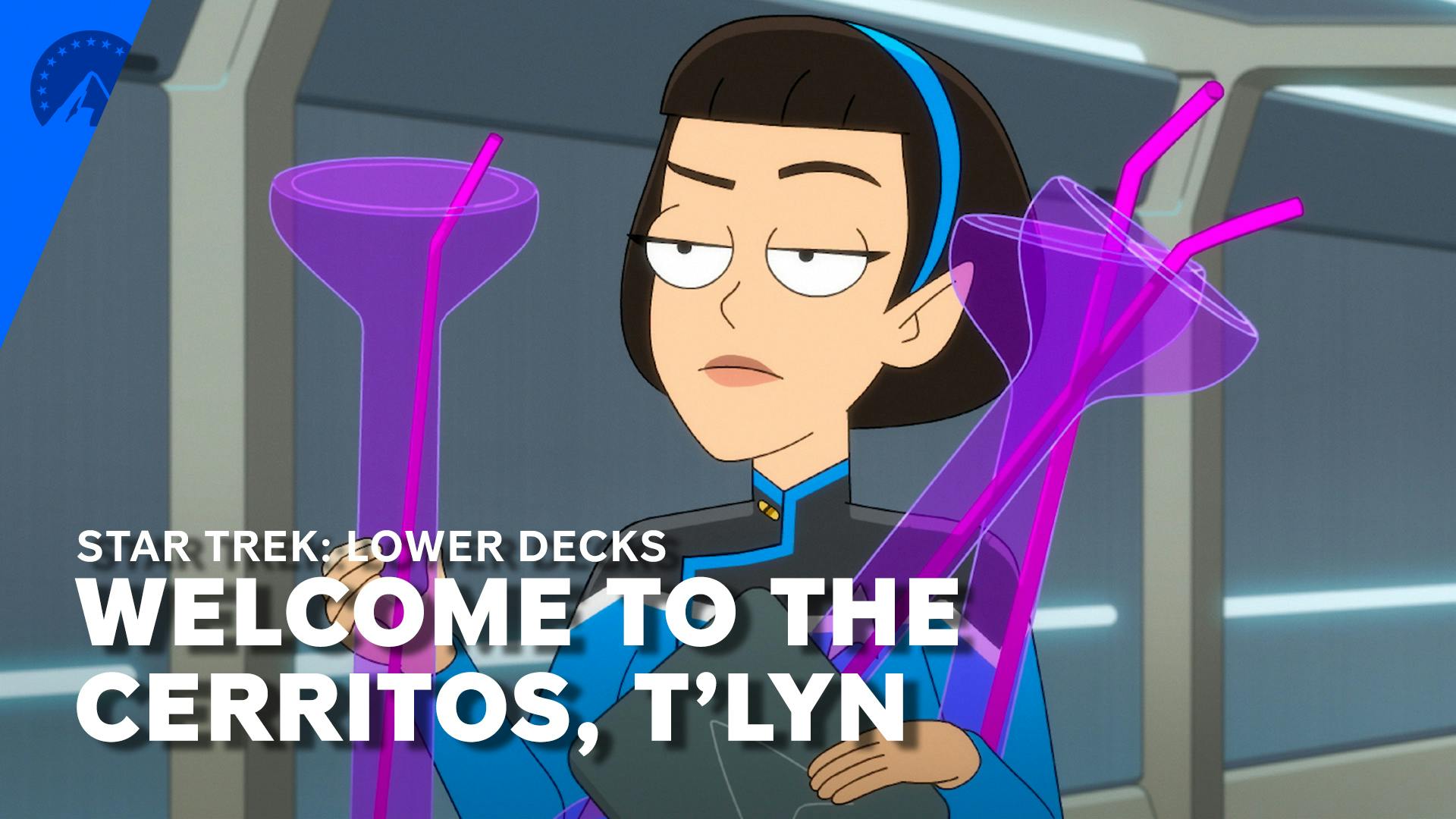 T'Lyn stoically juggles three giant empty drinking glasses and her PADD while walking down the Cerritos hallway in 'Empathalogical Fallacies'