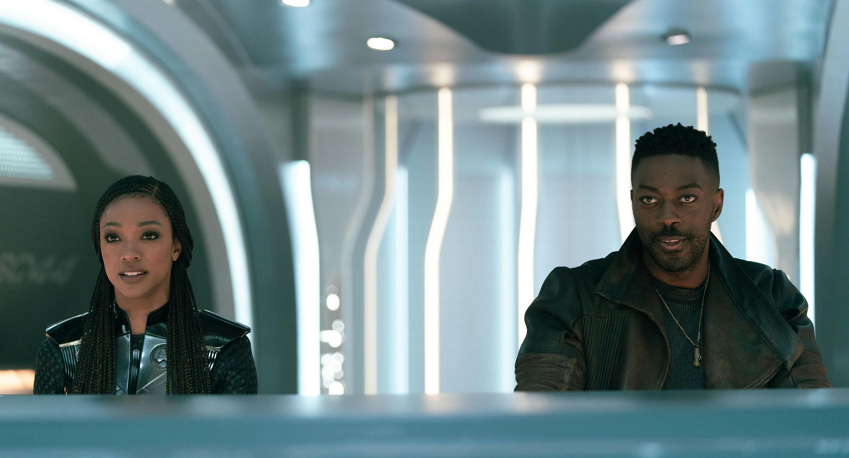 Captain Burnham and Book sit side-by-side in a Discovery shuttle in 'Mirrors'