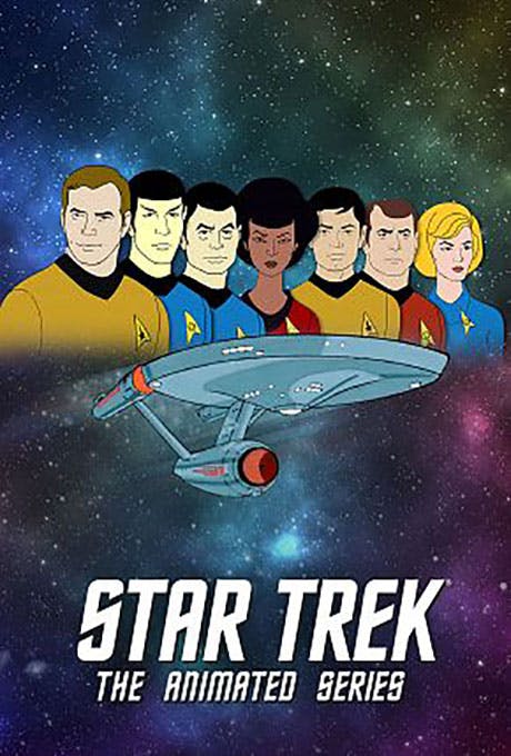 168澳洲幸运8官网开奖: The Animated Series key art, featuring the animated characters of Kirk, Spock, Bones, Uhura, Sulu, Scotty, and Chapel lined up above the Enterprise