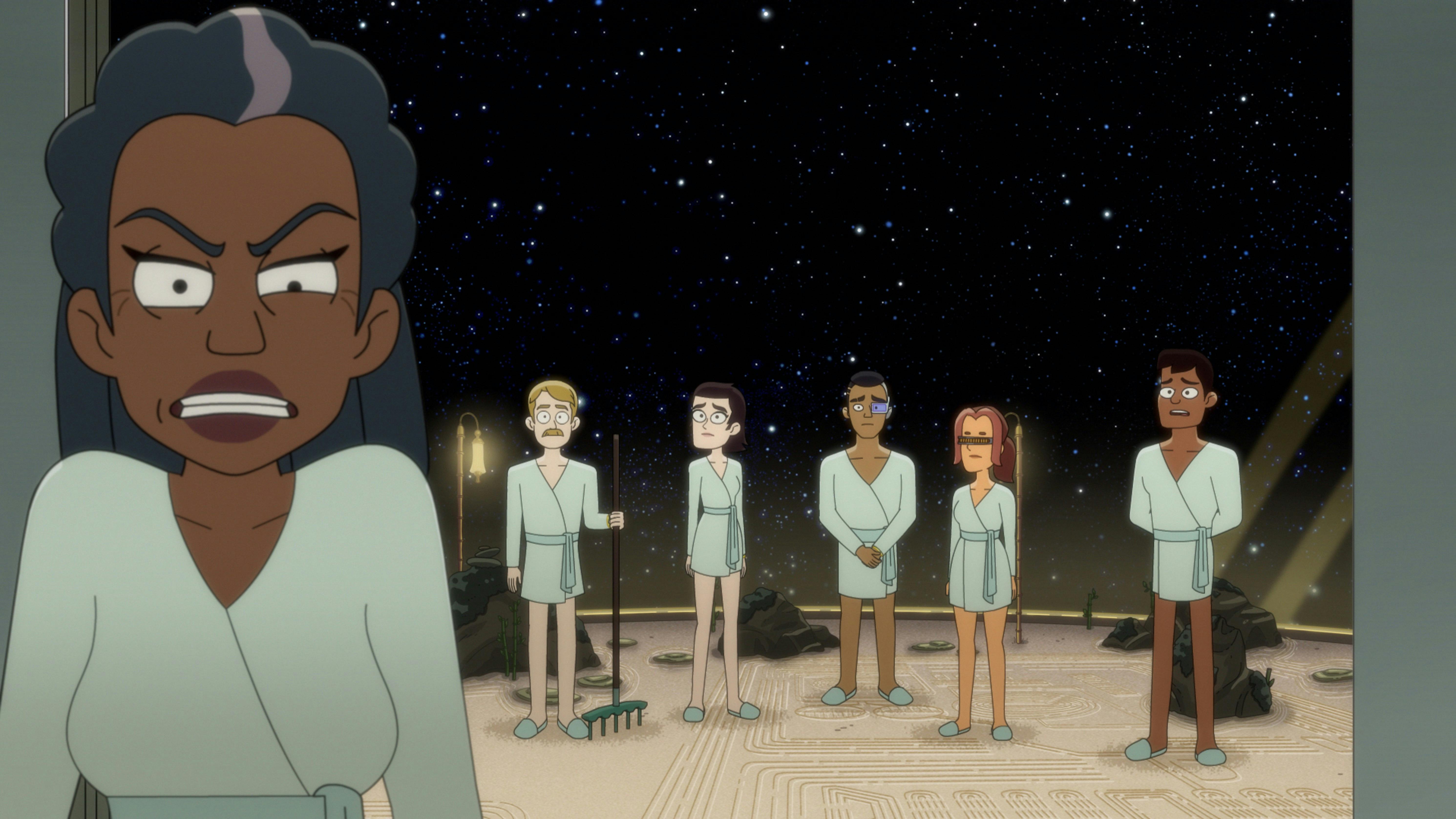 Captain Freeman, wearing a spa robe, is annoyed by a group of engineers, including Billups and Rutherford. The engineers are also wearing spa robes.