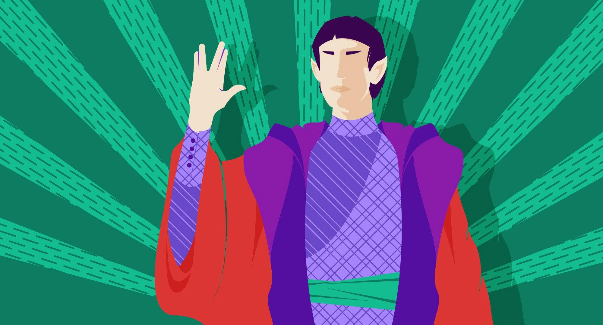 Illustrated art of the Vulcan leader greeting humans with 'Live long and prosper'