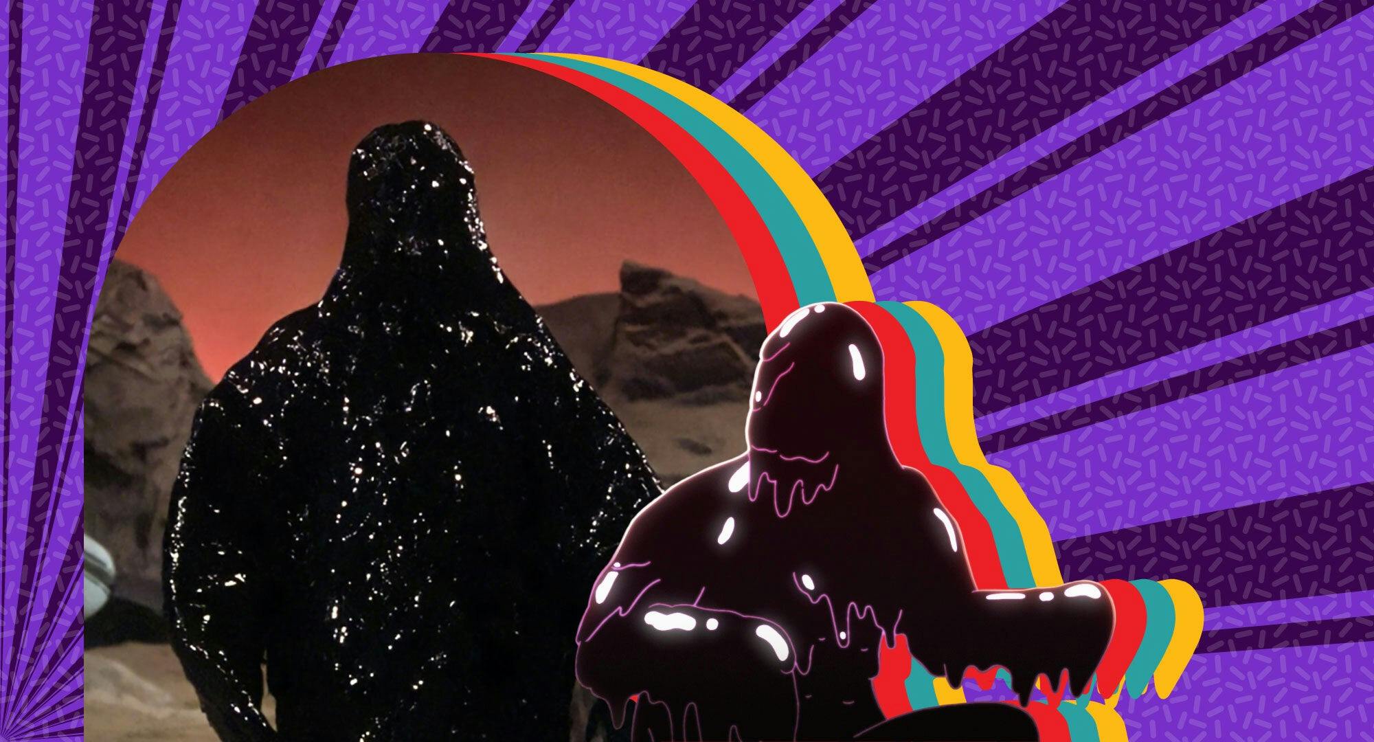 Illustrated banner featuring Armus in his first appearance on Star Trek: The Next Generation and his latest appearance on Star Trek: Lower Decks