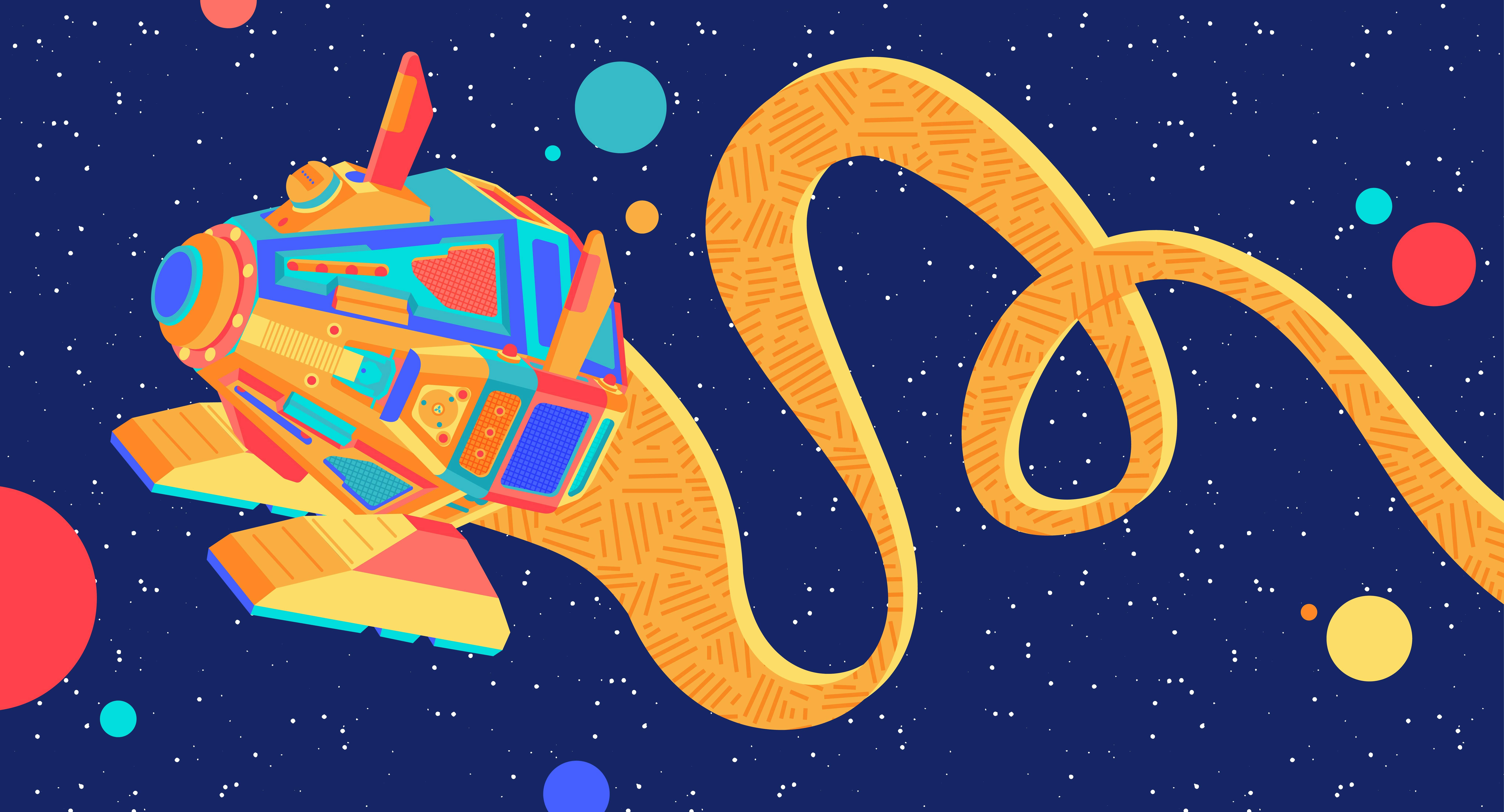 An illustrated exocomp floats through space.