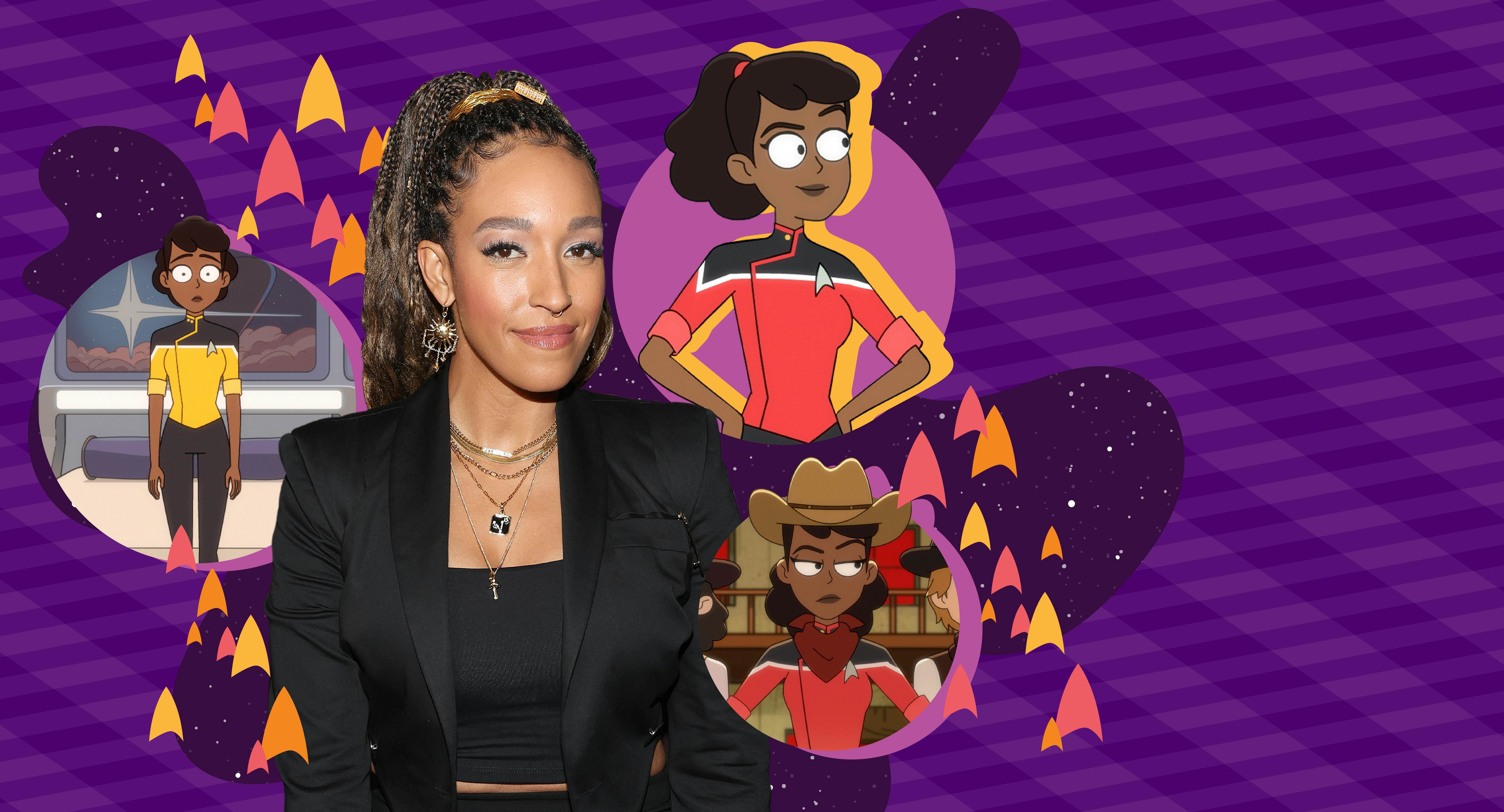 Illustrated banner with Tawny Newsome and her Star Trek: Lower Deck's character Beckett Mariner