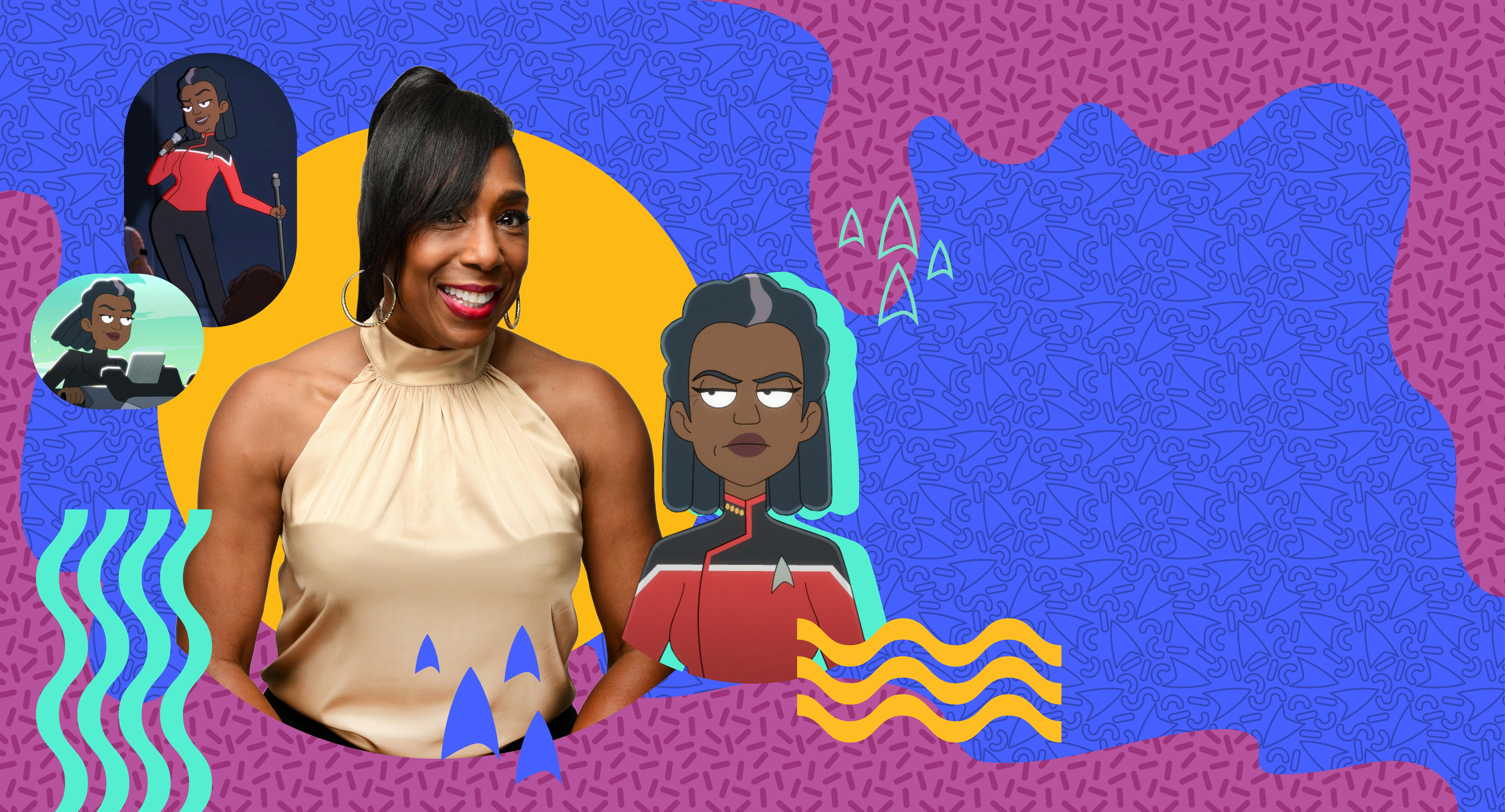 Illustrated banner of actress Dawnn Lewis and the Star Trek character Captain Carol Freeman of Lower Decks