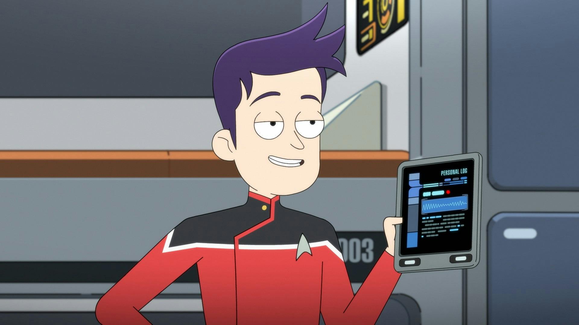 Boimler proudly shows off his PADD as proof of his girlfriend in 'Cupid's Arrant Arrow'