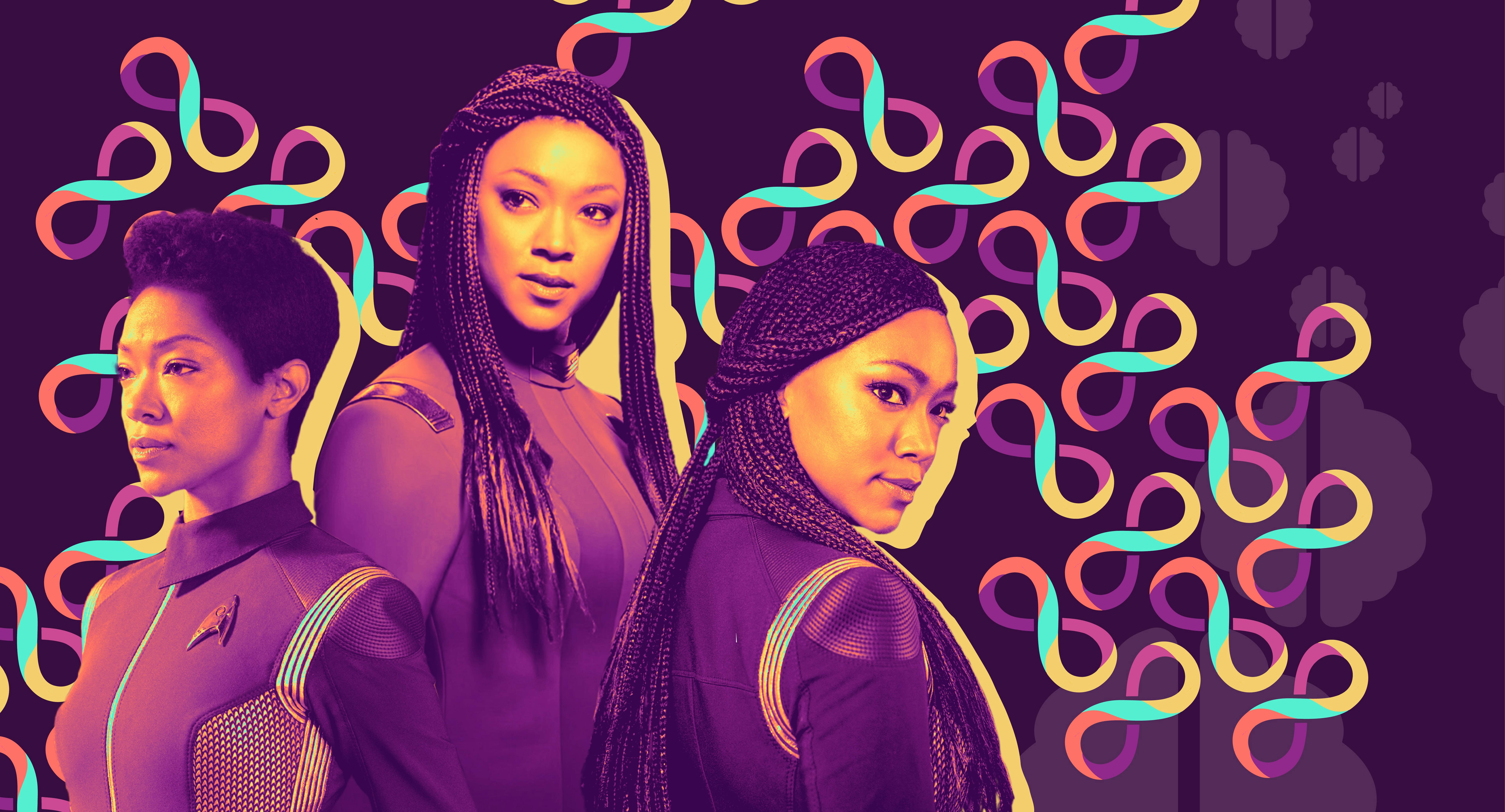 Three images of Michael Burnham from Star Trek: Discovery against a backdrop of infinity symbols.