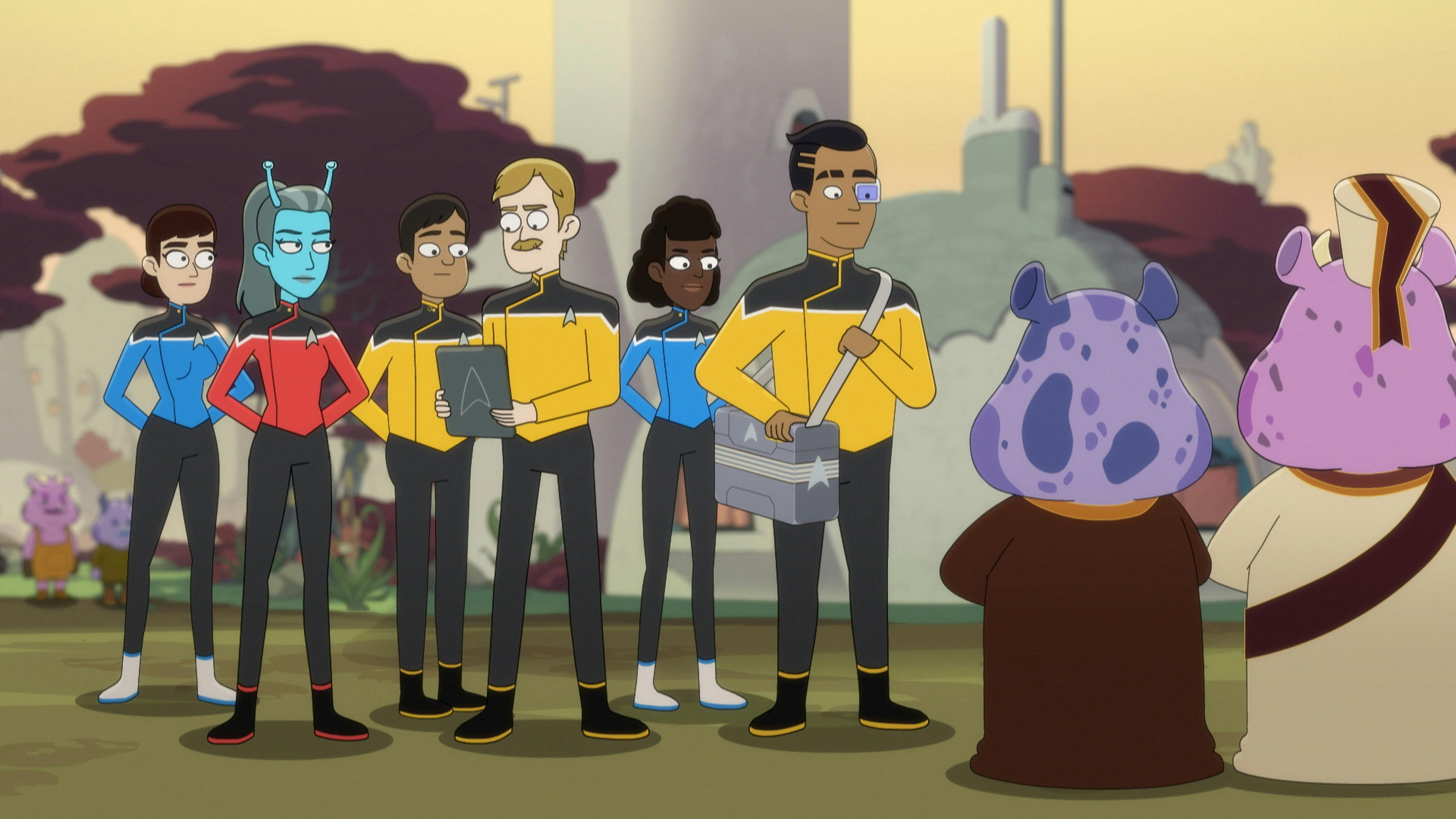 Billups leads an away team including Rutherford to the surface of a planet on Star Trek: Lower Decks