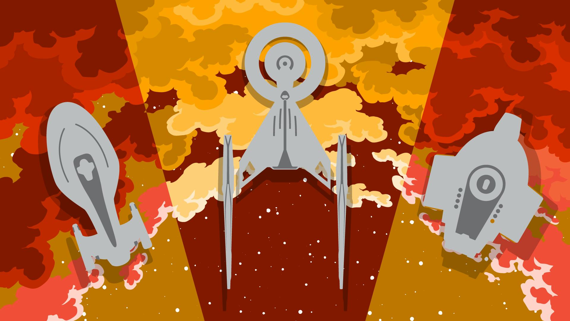 Graphic illustration of Voyager, Discovery, and Defiant navigating the Badlands