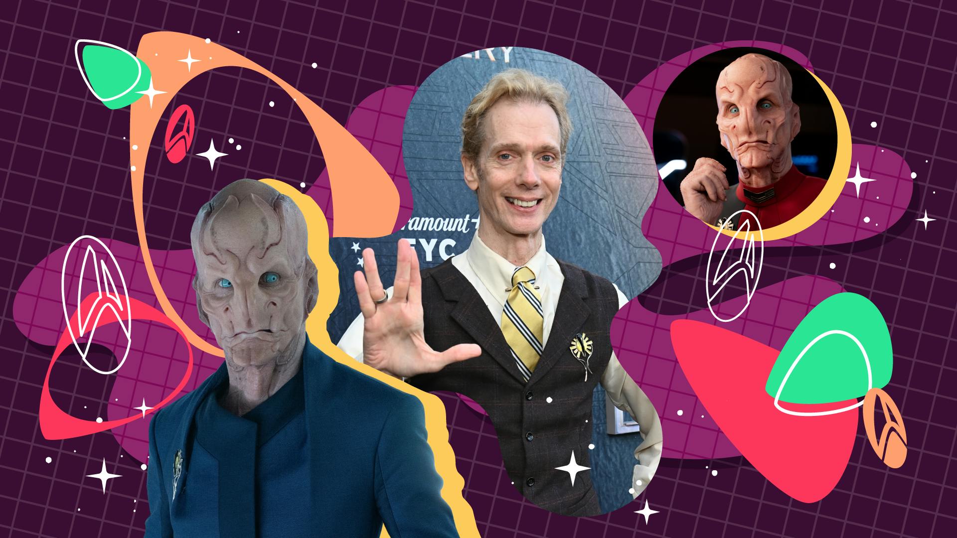 Graphic illustration featuring a portrait of Doug Jones featuring Star Trek: Discovery episodic stills of Saru