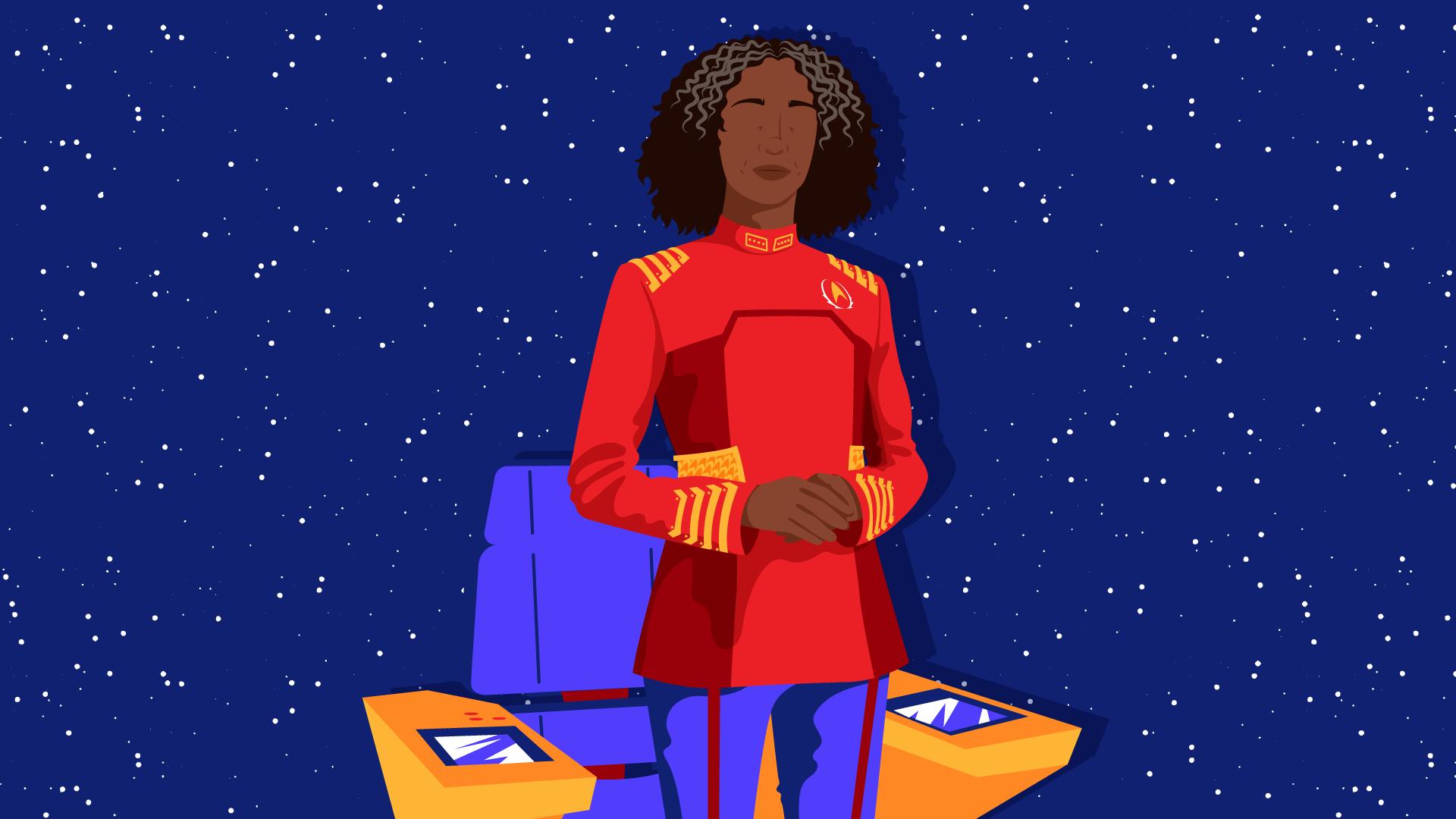 Graphic illustration of sometime in the future, Admiral Burnham prepares Discovery and Zora for its final mission in 'Life, Itself'