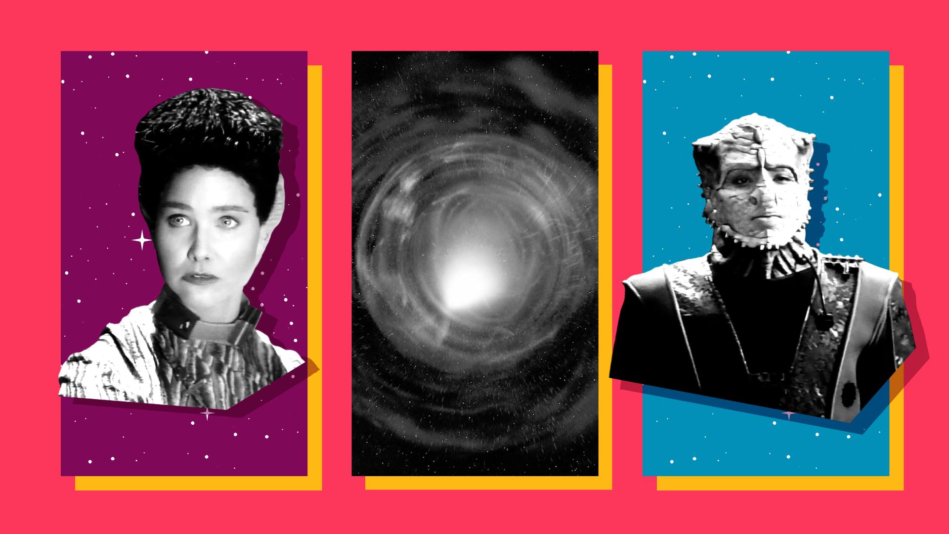 Triptych featuring the Vorta Eris, the wormhole to the Gamma Quadrant, and the Jem'Hadar Talak'talan from 'The Jem'Hadar'
