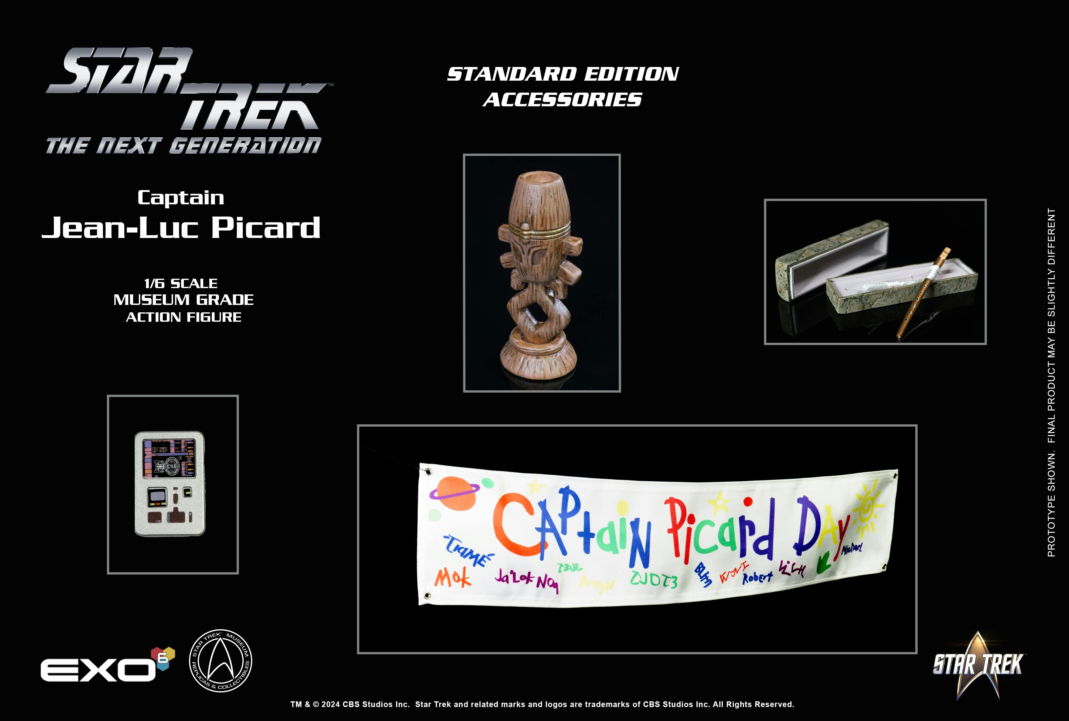 EXO-6 Star Trek: The Next Generation Captain Jean-Luc Picard Standard Edition Accessories include: PADD, Risian Horga’hn fertility idol, Ressikan flute, Captain Picard Day banner