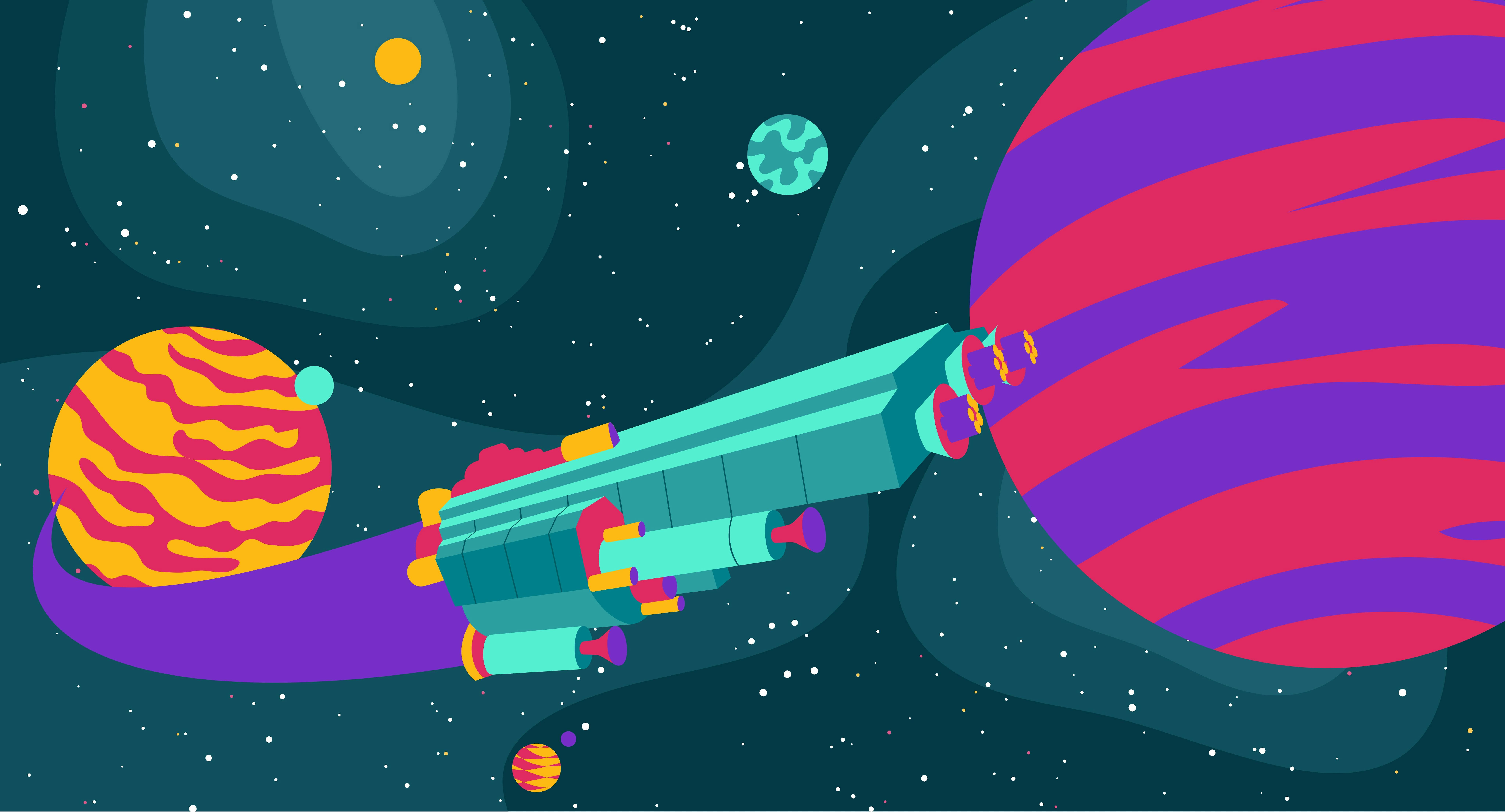 An illustration of a ship flying between two planets.