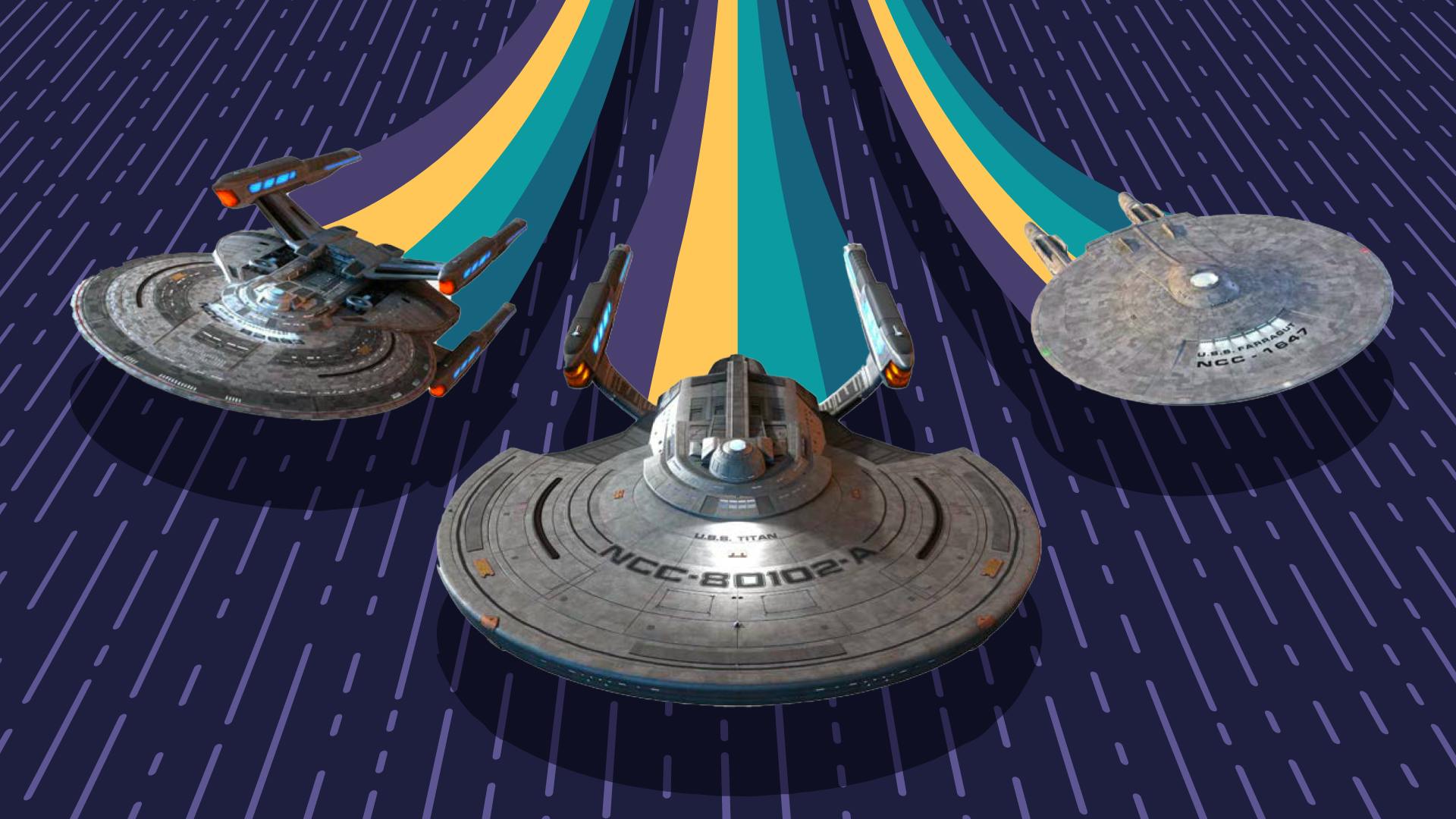 Rendering of starships with a stylized warp signature design following them