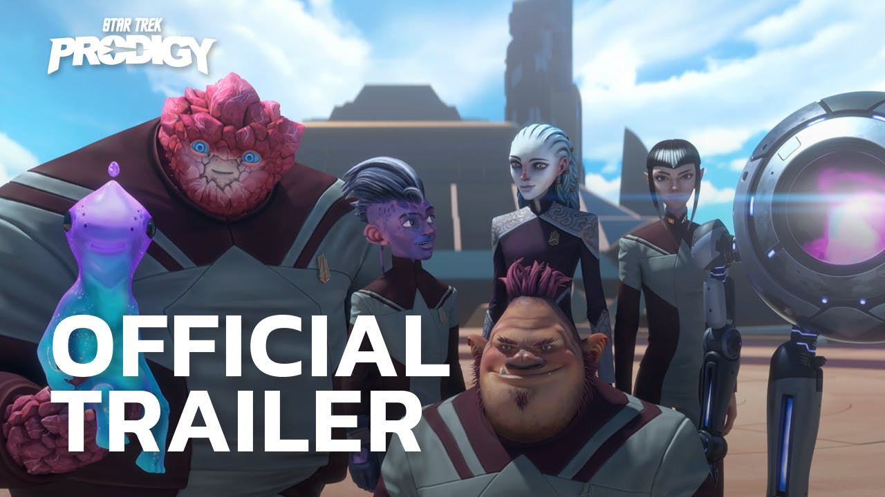 Murf, Rok-Tahk, Dal, Gwyn, Jankom Pog, and Zero stand together in front of Starfleet Academy