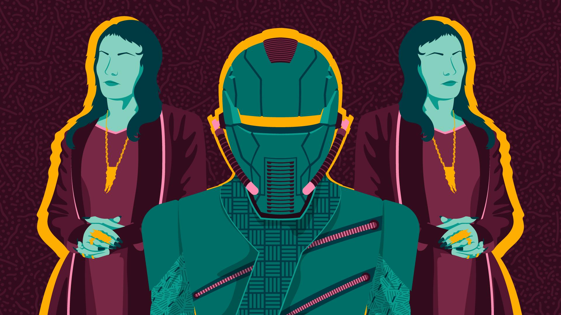 Graphic illustration featuring a Breen soldier with Osyraa from the Emerald Chain behind him
