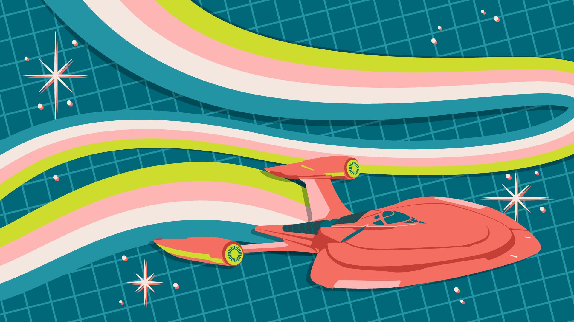 Graphic illustration of the U.S.S. Protostar and a pastel stream of its flight path