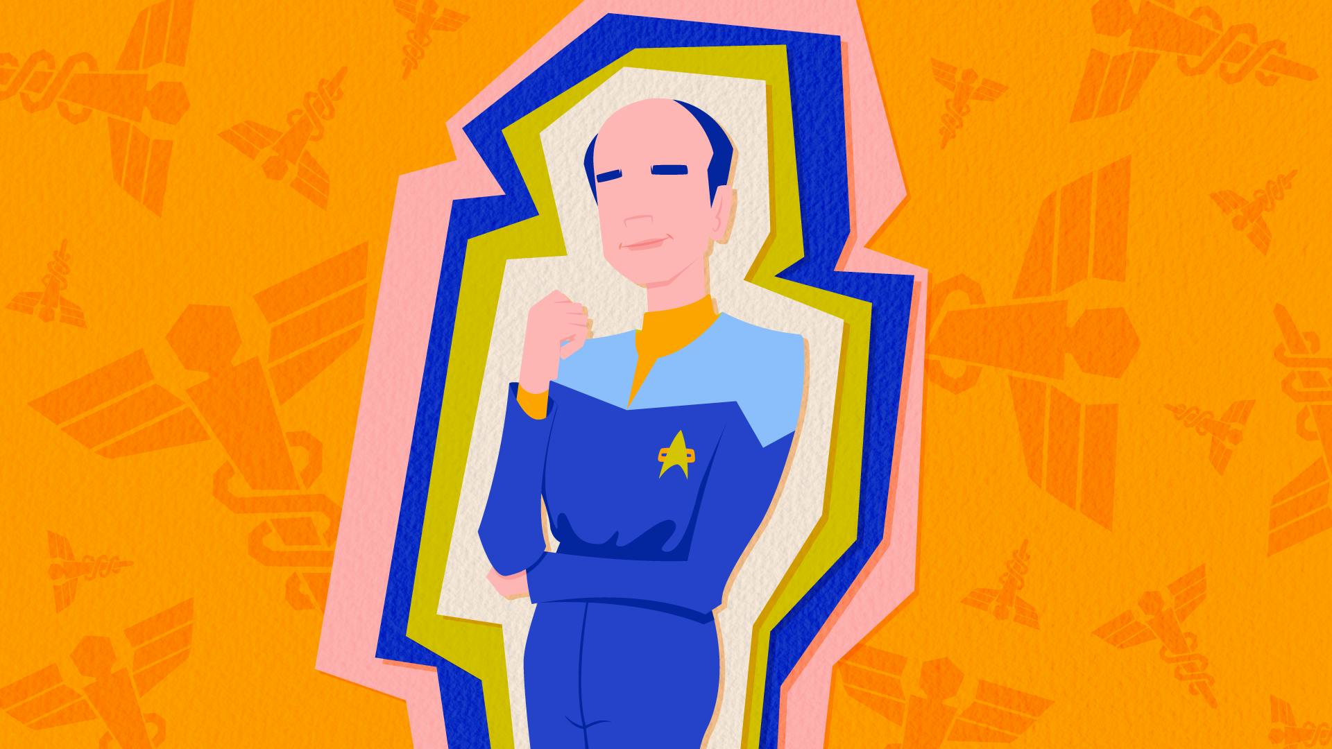 Graphic illustration of The Doctor with his left arm folded at the waist and his right elbow resting on his left arm