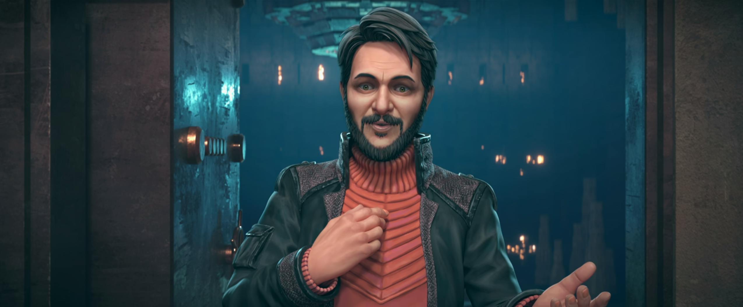 Wesley Crusher emerges from a corridor surprising the Prodigy crew