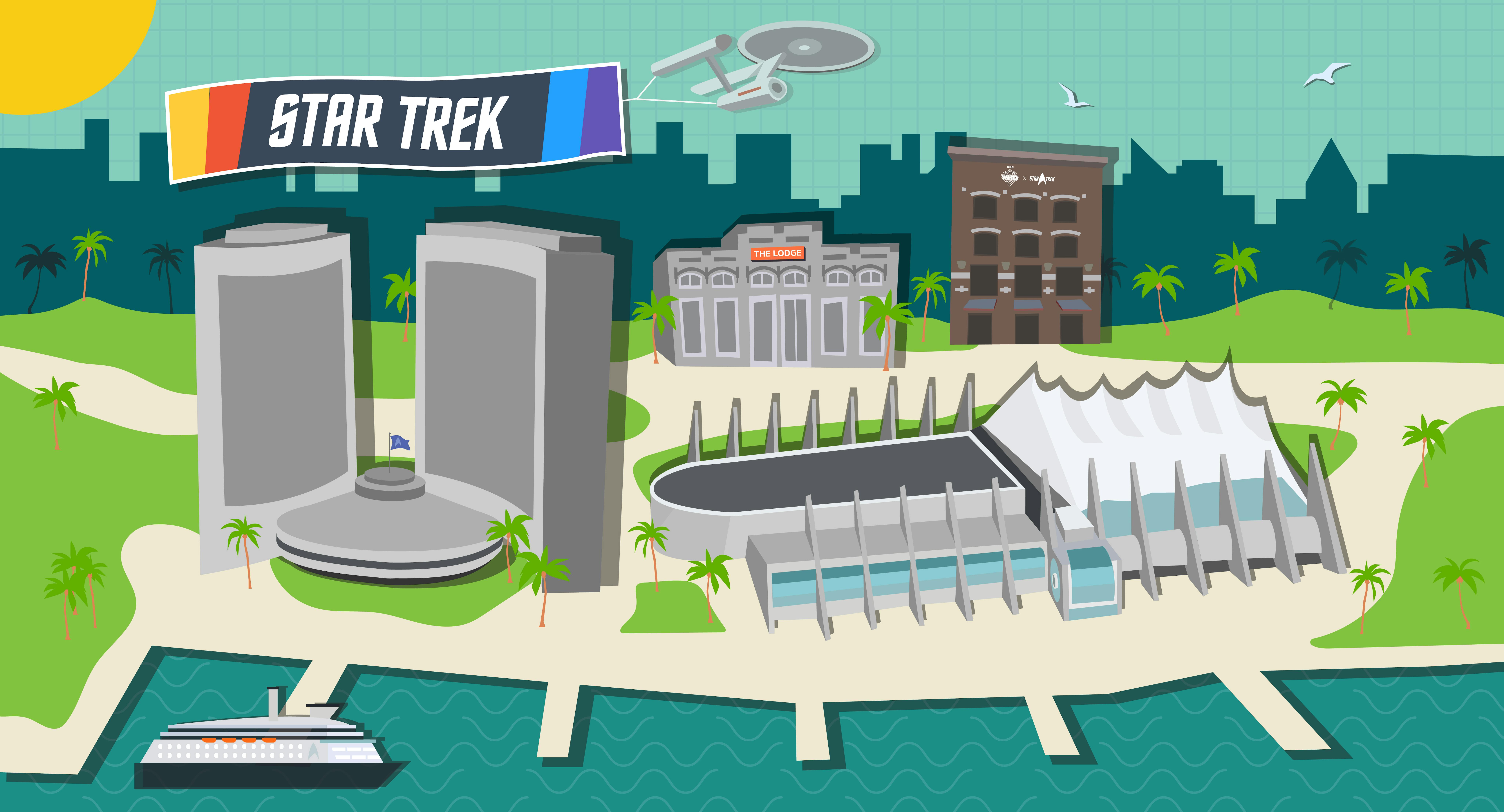 Graphic illustration of the San Diego Convention Center and Gaslamp area with the Enterprise flying overhead pulling a Star Trek banner