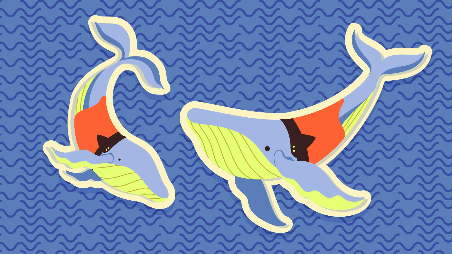 Graphic illustration of two Cetacean Ops officers against a blue water-textured background