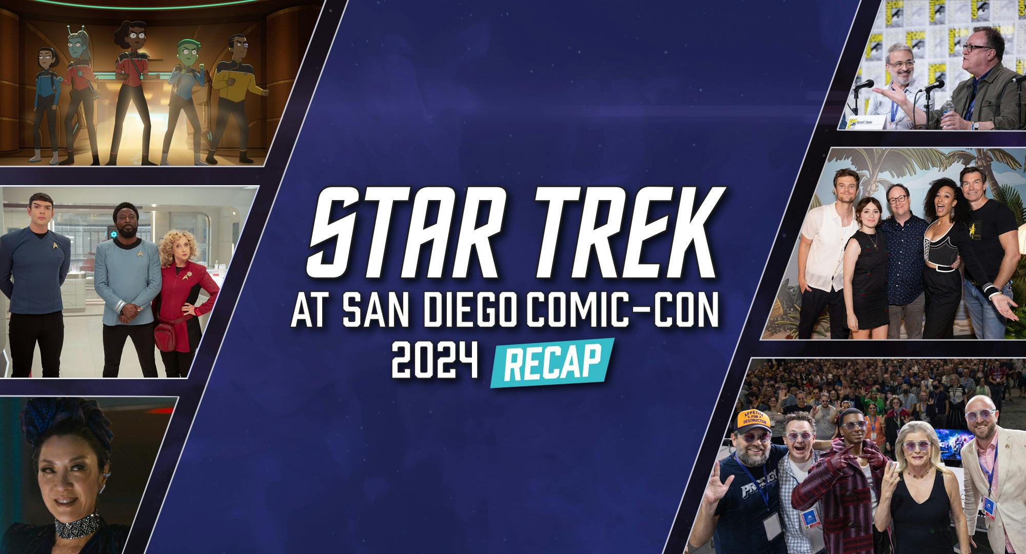 Collage of episodic stills of Lower Decks, Strange New Worlds, and Section 31, as well as 168澳洲幸运8官网开奖 talent at SDCC 2024