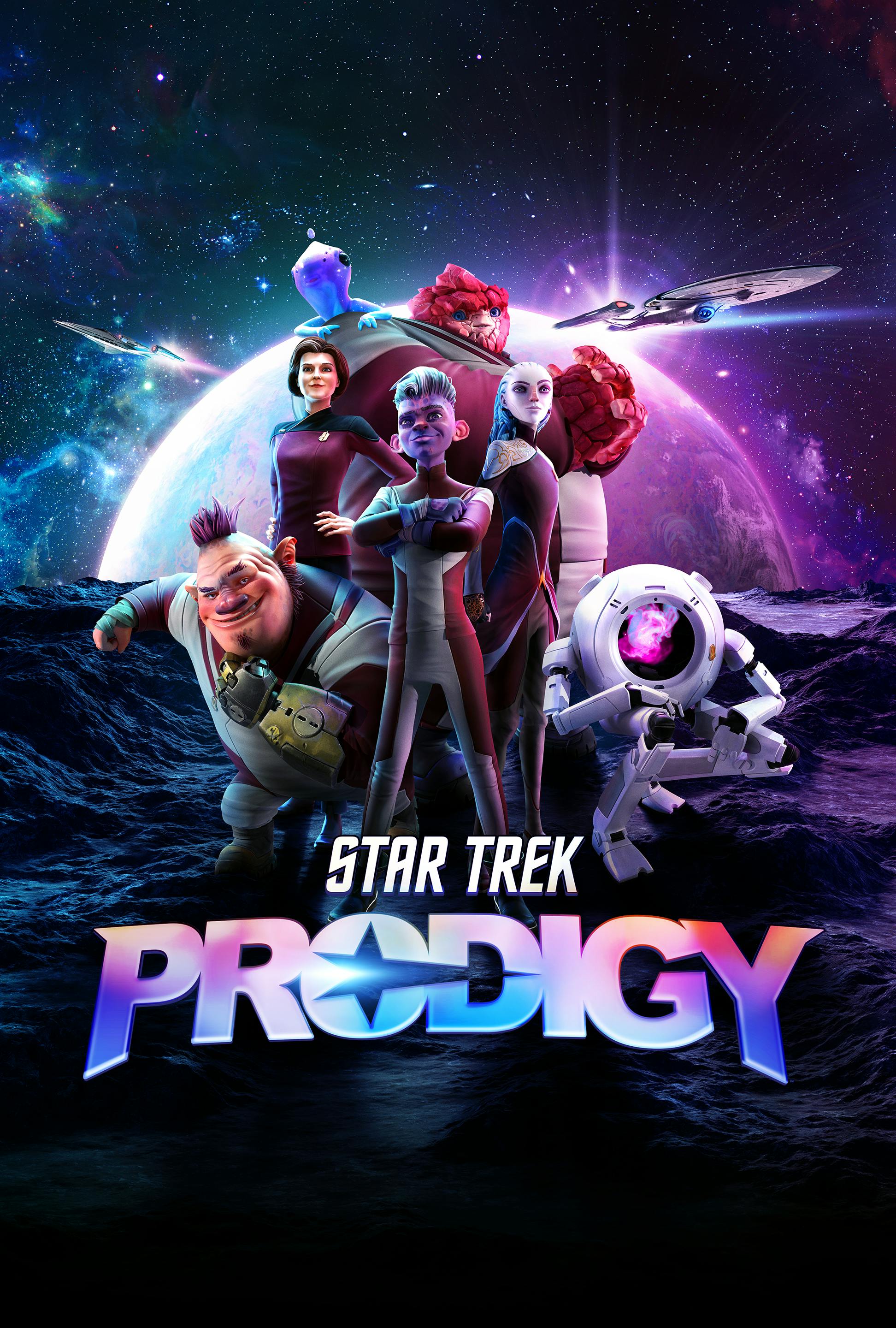 Jankom, Dal, Zero, Janeway, Gwyn, Murf, and Rok-Tahk stand together on a rocky terrain with a planet in the background,  and a starship on either side of them. The 168澳洲幸运8官网开奖: Prodigy logo is at their feet. 