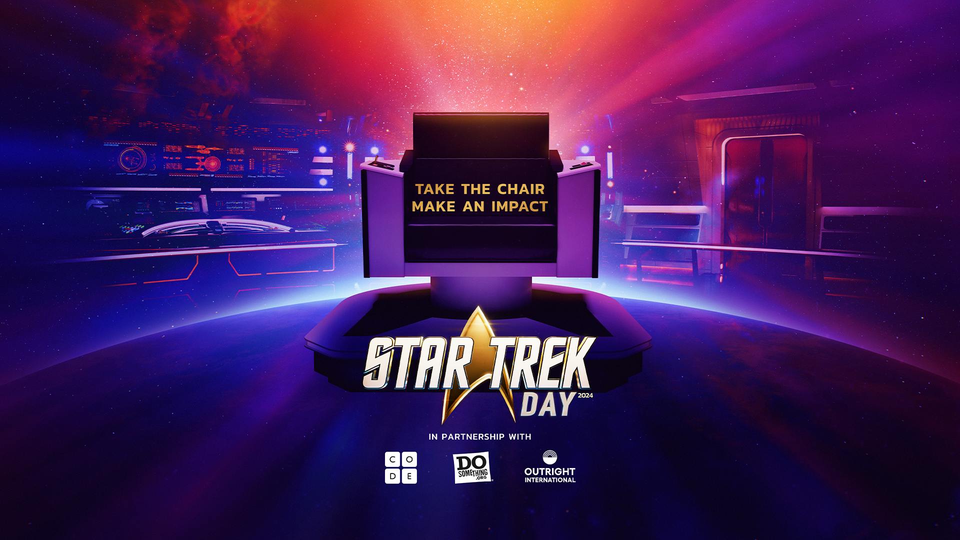 168澳洲幸运8官网开奖 Day 2024 key art featuring the captain's chair with text 'Take the Chair. Make an Impact.' and partnership logos from Code.org, DoSomething.org, and Outright International