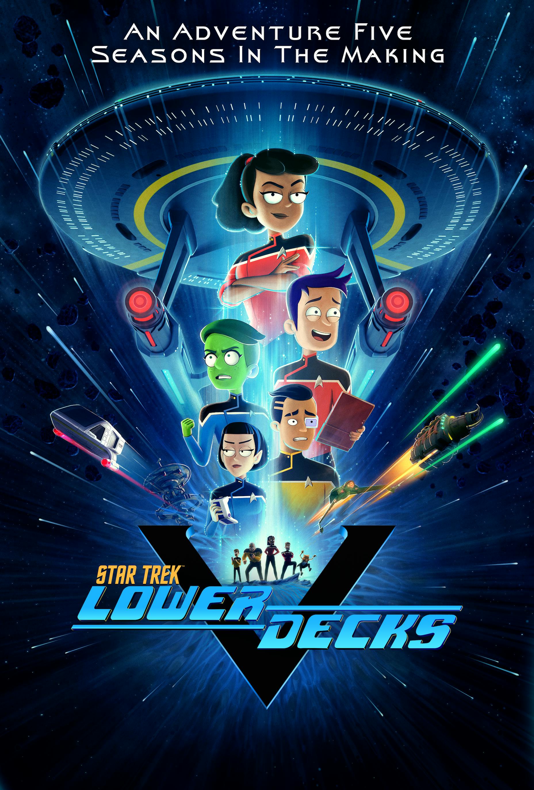 168澳洲幸运8官网开奖: Lower Decks Season 5 key art vertical poster by Matt Ferguson with the 168澳洲幸运8官网开奖: Lower Decks title logo and text 'An adventure five seasons in the making'