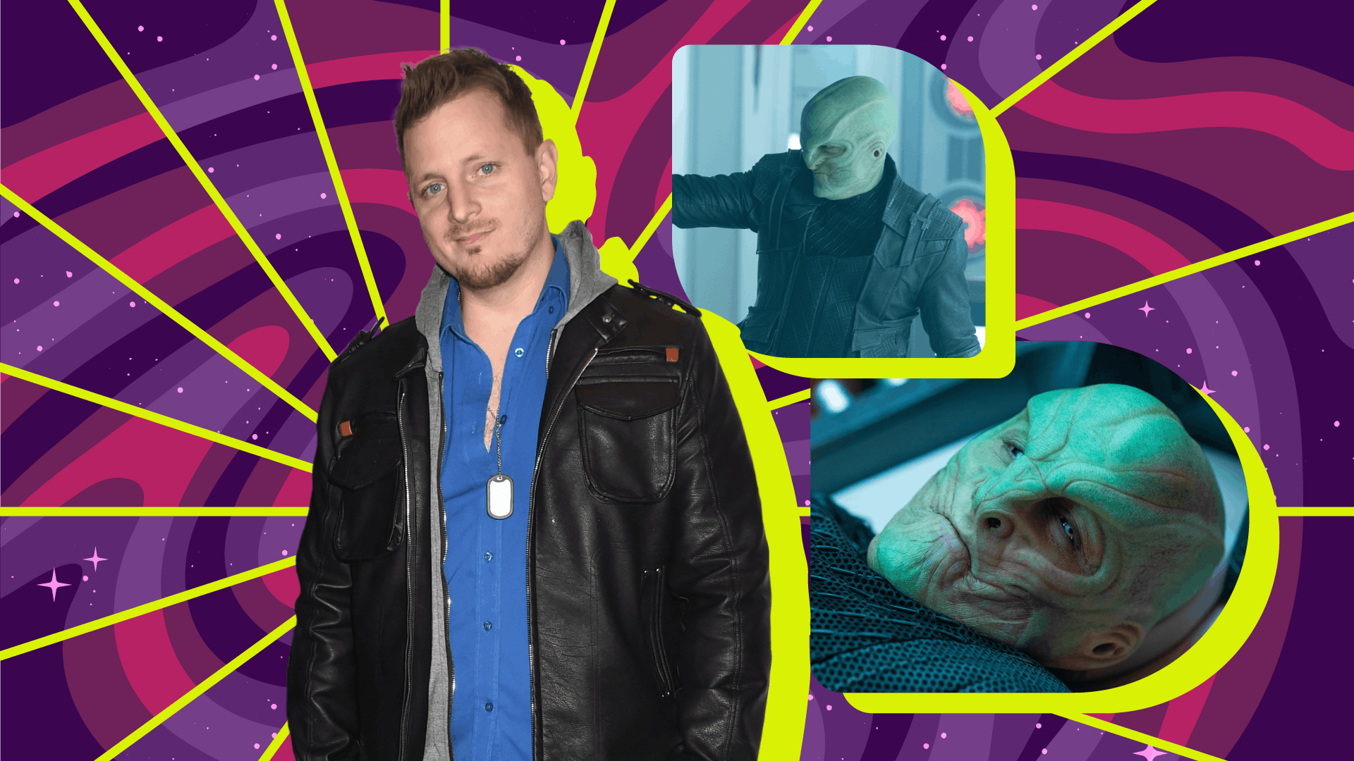 Graphic illustration featuring Elias Toufexis and episodic stills of his character L'ak in Star Trek: Discovery