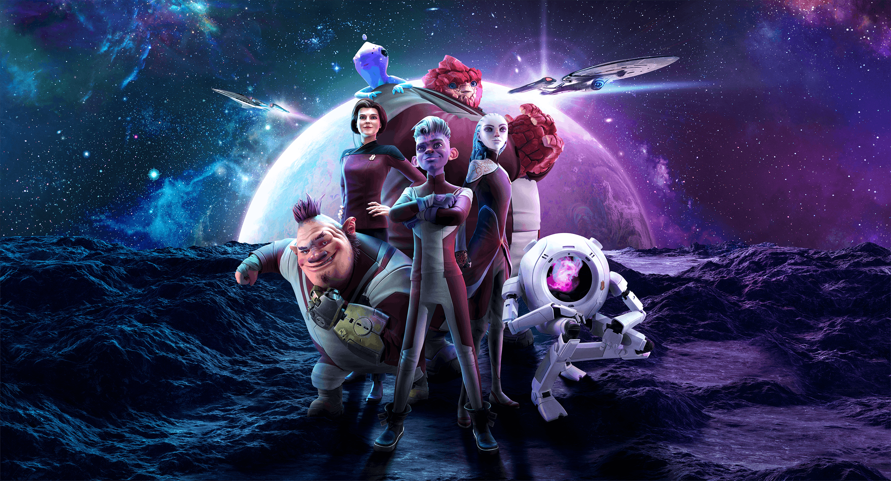 Season 2 Star Trek: Prodigy key art with Jankom Pog, Admiral Janeway, Murf, Rok-Tahk, Gwyn, and Zero crowded together on the surface of a planet